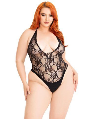 Тедді Leg Avenue Floral lace deep-V teddy, 1X/2X, чорне, мереживне, відкрита спина, високі трусики SX1084 фото
